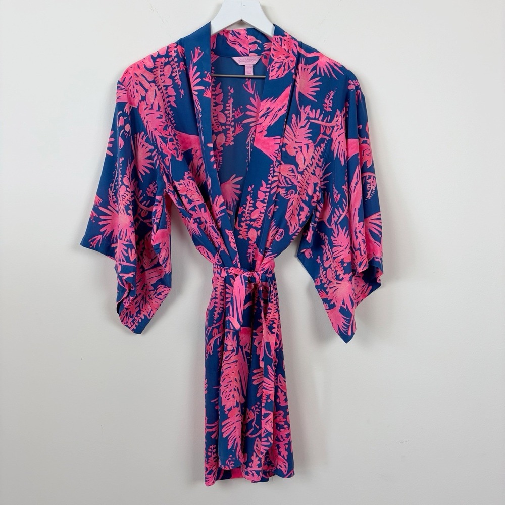 Lilly Pulitzer Palm Beach Silk Robe XXS/XS Vacation Tie Belt Short Kimono Sleeve